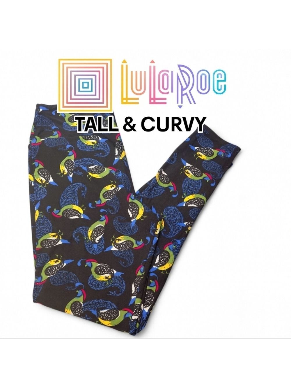LuLaRoe Tall & Curvy Leggings Black Blue Quail Bird Print Comfy Soft